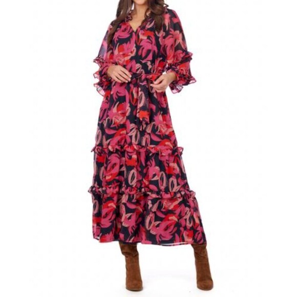 NWT Mudpie Portia Pink Dress Sz S Floral Ruffles Maxi Romantic Boho Party Event - Picture 1 of 16